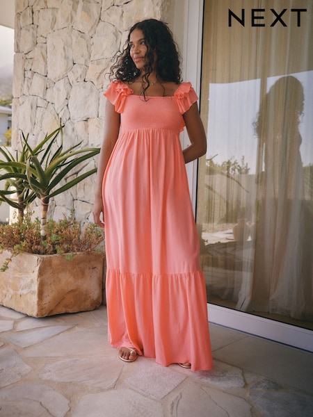 Pink Ruffle Sleeve 100% Cotton Midi Dress (AH3614) | £26