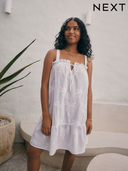 White Embroidered 100% Cotton Summer Mini Dress (AH3637) | £28
