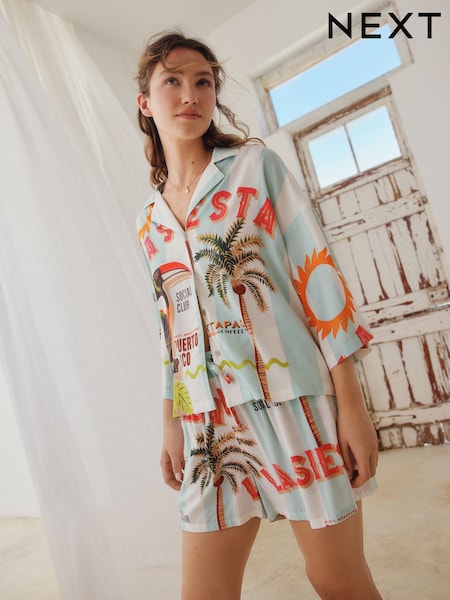 Blue Stripe Toucan Button Through Short Set Pyjamas (AH3675) | £32