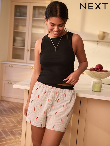 Black Chillies Rib Vest Woven Short Set Pyjamas (AH3676) | £18