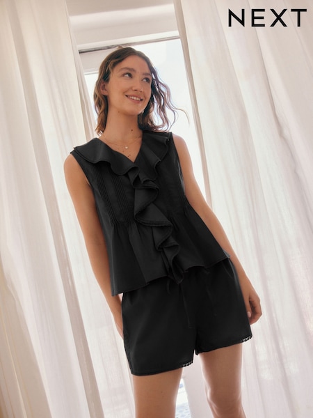 Black 100% Cotton Ruffle Vest Short Set Pyjamas (AH3696) | £38