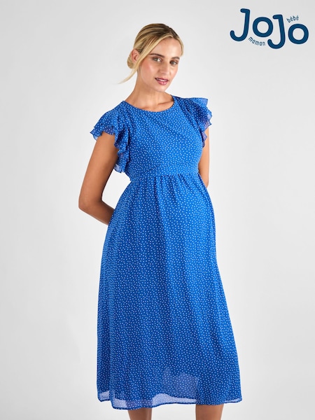 JoJo Maman Bébé Blue Spot Frill Sleeve Maternity Midi Dress (AH3989) | £69