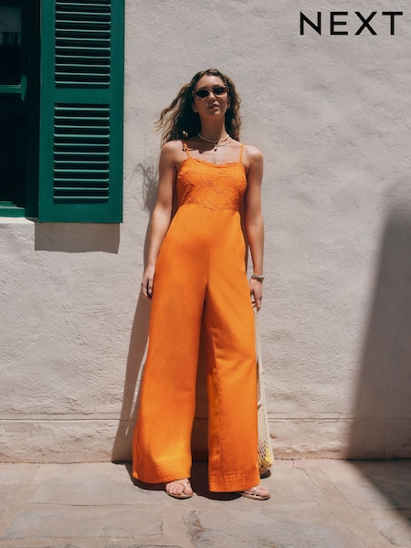 Orange Cornelli Wide Leg Jumpsuit With Linen (AH4003) | £60