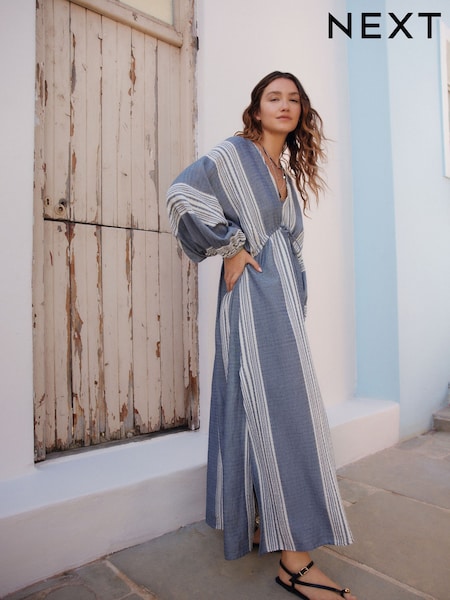 White/Blue Maxi Long Sleeve Kaftan Cover-Up (AH4004) | £49