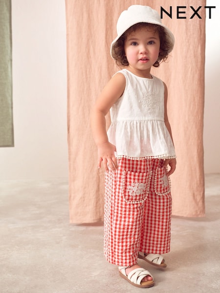 Red/White Gingham 100% Cotton Blouse and Trousers Co-ord Set (3mths-8yrs) (AH4008) | £22 - £28