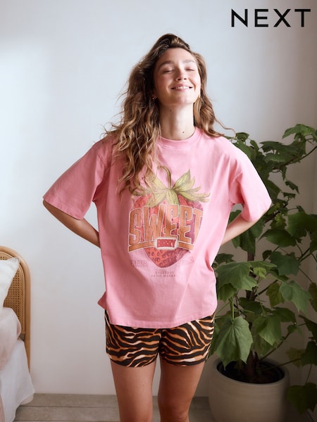 Pink Strawberry 100% Cotton Graphic Short Sleeve Pyjamas (AH4014) | £22