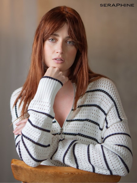 Seraphine Blue Stripe Maternity Funnel Neck Zip-Up 100% Cotton Sweatshirt (AH4110) | £55