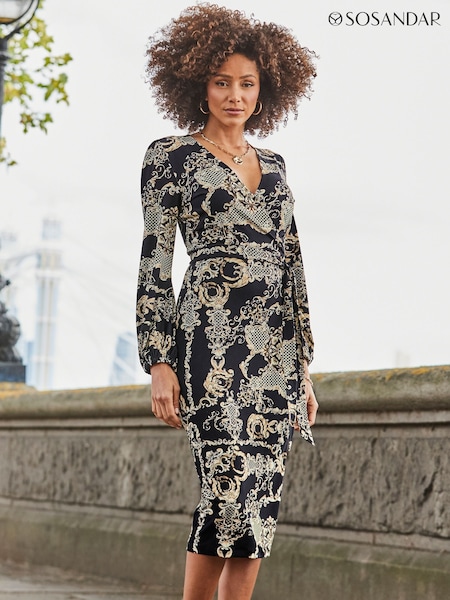 Sosandar Black Paisley Print Belted Wrap Dress (AH4127) | £75