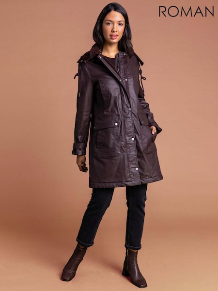 Roman Brown Waxed Longline Hooded Coat (AH4446) | £110