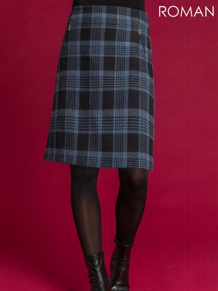Roman Blue Check Print Zip Pocket A-Line Skirt (AH4463) | £32