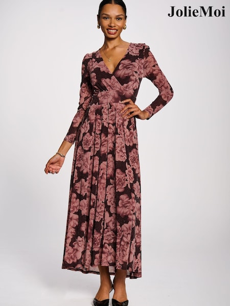 Purple - Jolie Moi Long Sleeve V-neck Sheen Mesh Maxi Dress