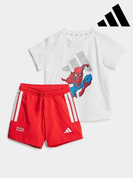 adidas White Marvel Spider Man 100% Cotton Shorts T-Shirt Set (AH5463) | £30
