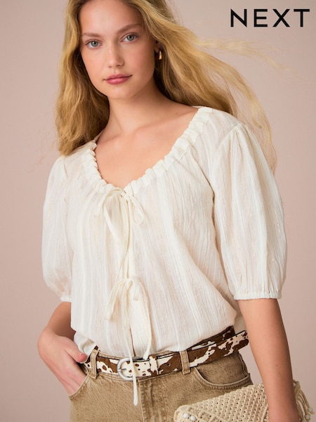 White/Gold Metallic Stripe Tie Front Puff Short Sleeve Top (AH5472) | £20
