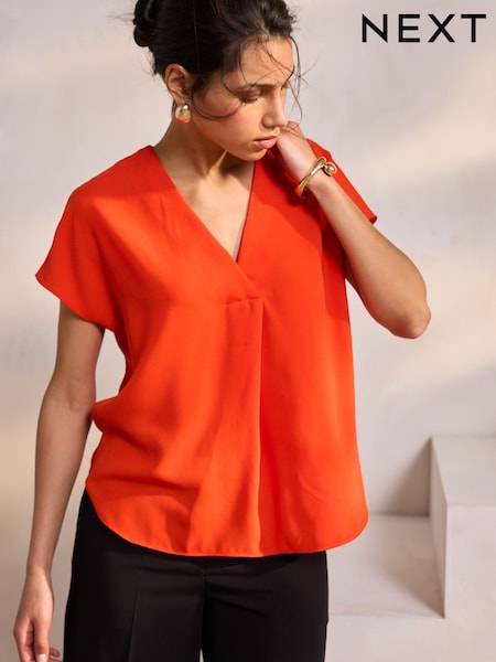 Bright Red Relaxed Fit Short Sleeve Overhead V-Neck Blouse (AH5474) | £22