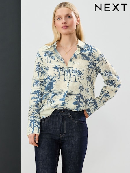 Blue Scenic Print Long Sleeve Button Down Shirt (AH5476) | £25