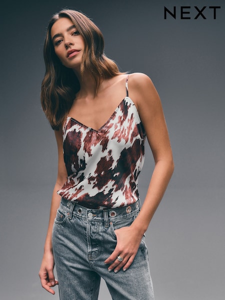 Brown/White Cow Print Satin Cami Top (AH5480) | £22