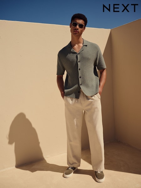 Ecru White Relaxed Fit Cotton Linen Twill Elasticated Waist Trousers (AH5498) | £35