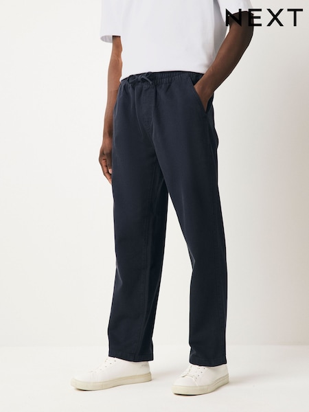 Navy Blue Relaxed Fit Cotton Linen Twill Elasticated Waist Trousers (AH5500) | £35