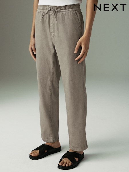 Mushroom Brown Relaxed Fit Cotton Linen Twill Elasticated Waist Trousers (AH5502) | £35