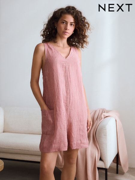 Pink Stripe 100% Linen Playsuit (AH5508) | £38