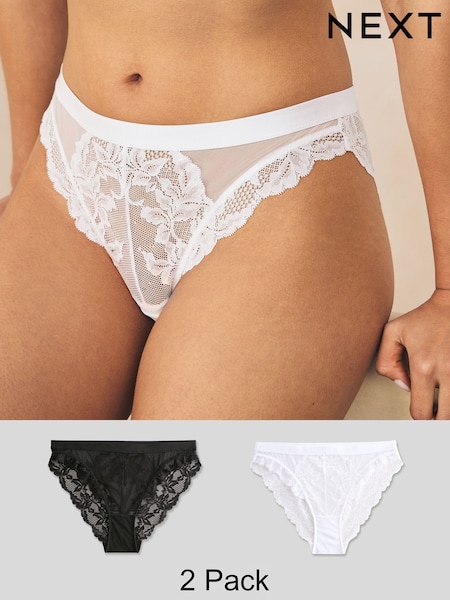 Black/White High Leg Lace Knickers 2 Pack (AH5754) | £18