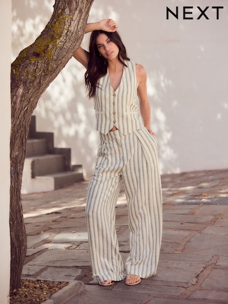 Green/Ecru Striped Elastic Back Wide Leg Trousers With Linen (AH6035) | £32