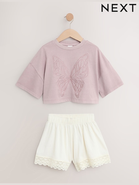 Dusky Purple Butterfly T-Shirt And Textured Shorts Set (3-16yrs) (AH6455) | £19 - £25