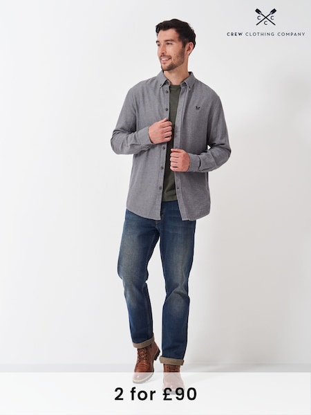 Crew Clothing Grey 100% Cotton Long Sleeve Herringbone Flannel Shirt (AH6568) | £65