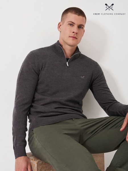 Crew Clothing Company Grey Merino Quarter Zip Knit Jumper (AH6650) | £89