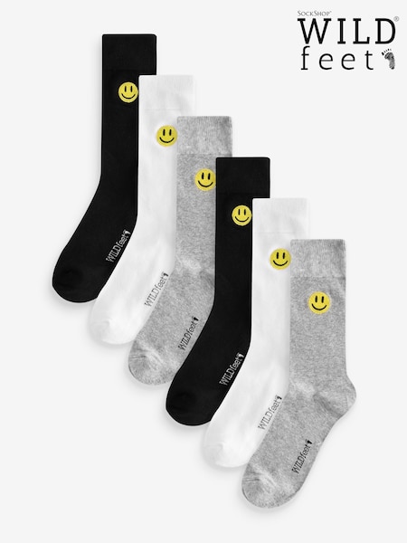 Wild Feet White Smiley Embroidered Crew Socks 6 packs (AH6787) | £16