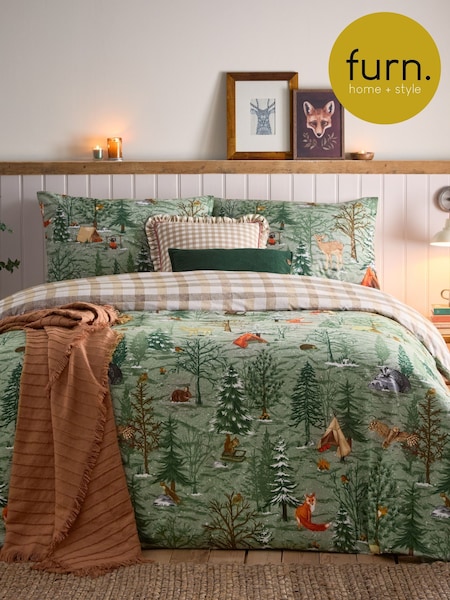 Furn Oak Green Lodge Wood 100% Cotton 100Brushed Duvet Cover Set (AH8176) | £30 - £52