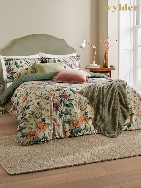 Wylder Celadon Green Wallflower Cotton Rich Reversible Duvet Cover Set (AH8191) | £26 - £46