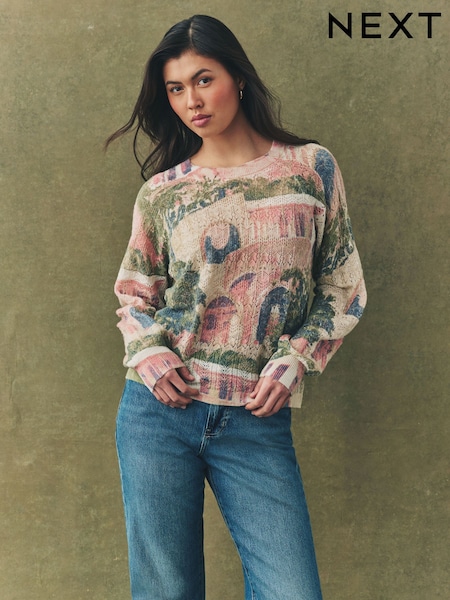 Pink Scene Printed Crew Neck Fine Knitted Jumper (AH9231) | £40