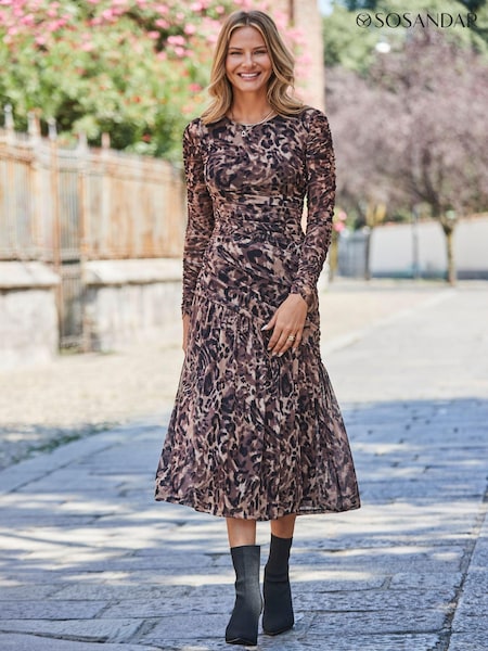 Sosandar Natural Animal Print Mesh Ruched Waist Fit and Flare Dress (AH9265) | £75