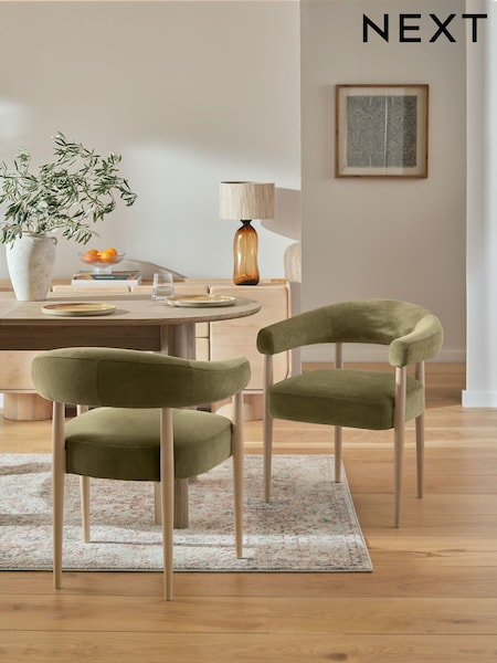 Set of 2 Relaxed Chenille Olive Green Aire Light Wood Leg Dining Chairs (AH9309) | £360