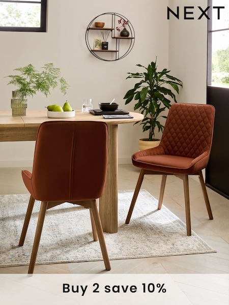 Set of 2 Soft Velvet Rust Brown Hamilton Dark Wood Leg Quilted Dining Chairs (AH9311) | £280