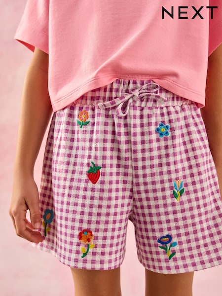 Purple Gingham Embroidered 100% Cotton Jersey Shorts (3-16yrs) (AH9459) | £12 - £17