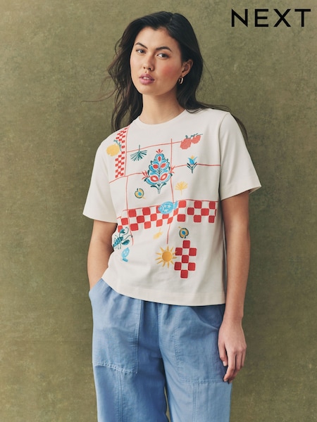 Ecru Tablecloth Print Embroidered Short Sleeve T-Shirt (AH9481) | £25