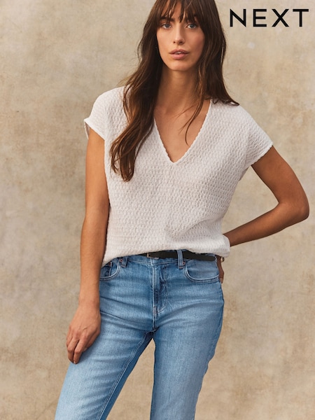 White Textured Short Sleeve V-Neck T-Shirt (AH9486) | £20