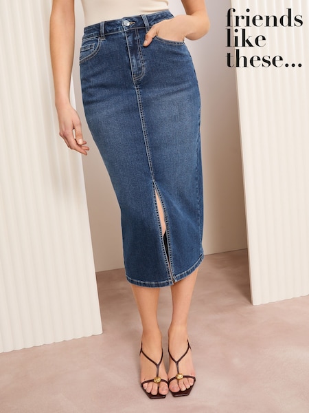 Friends Like These Dark Blue Split Front Denim Midi Skirt (AH9528) | £39