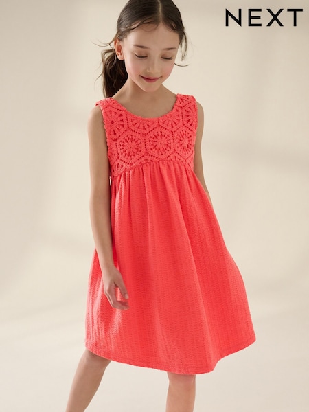 Coral Pink 100% Cotton Crochet Front Dress (3-16yrs) (AH9582) | £16 - £22