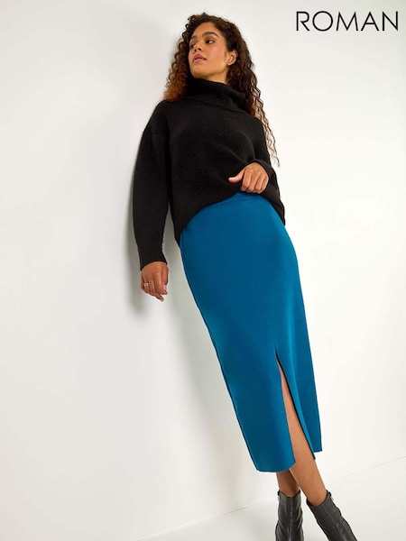 Roman Blue Front Split Knitted Midi Skirt (AH9812) | £35