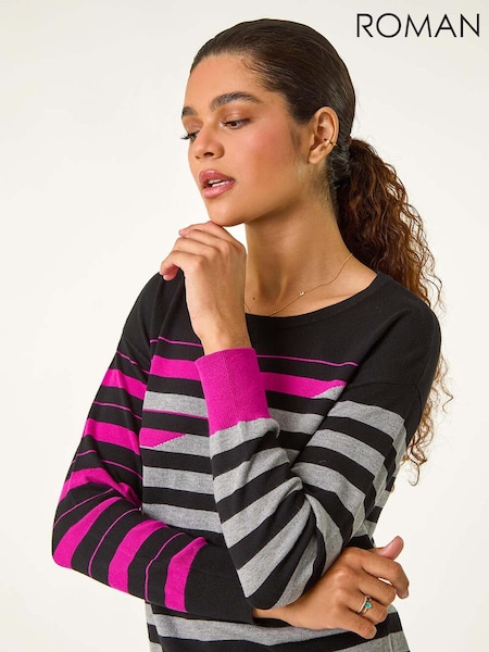 Roman Pink Crew Neck Contrast Stripe Knit Jumper (AH9832) | £32