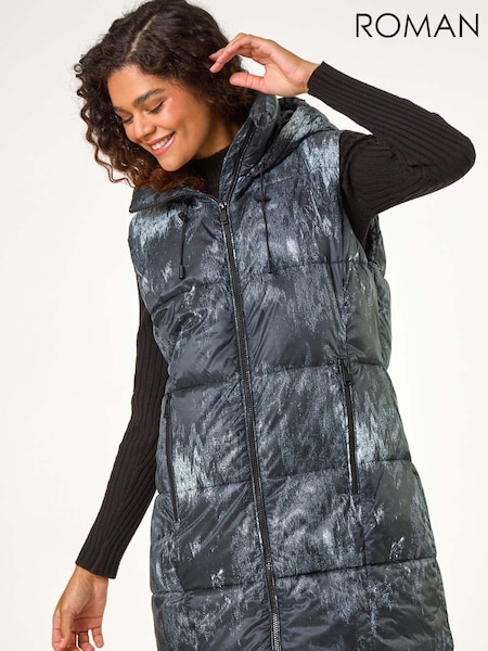 Roman Black Print Longline Hooded Gilet (AH9848) | £60
