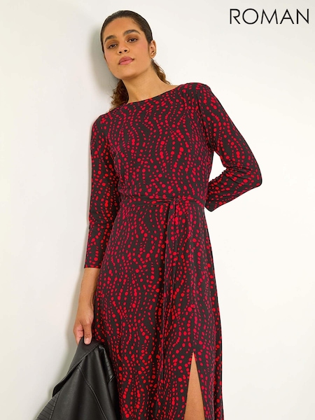 Roman Red Stretch Spot Detail Belted Dress (AH9853) | £42
