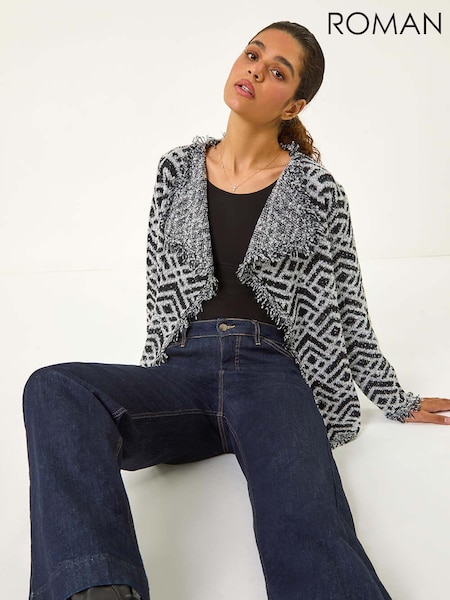Roman Black Geometric Fringe Collared Cardigan (AH9855) | £40