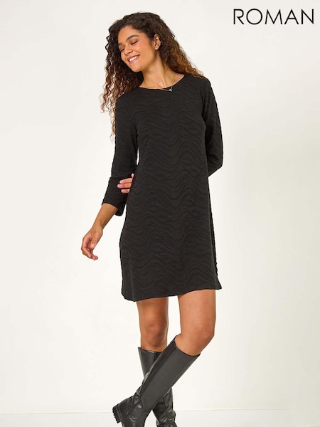 Roman Black Wave Textured Stretch A-Line Dress (AH9858) | £42