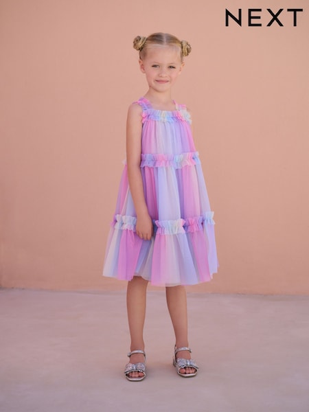 Rainbow Pink Tiered Strappy Mesh Dress (3-16yrs) (AH9925) | £24 - £30
