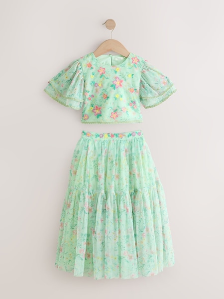 Green Floral Lehenga Set (3-16yrs) (AH9931) | £42 - £48