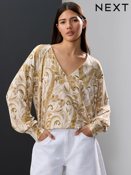 Ecru Long Sleeve V-Neck Jersey Blouse (AJ0011) | £32